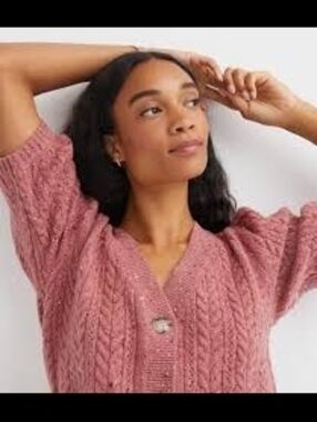 LOFT Rose Pink Cable-Knit V-Neck Short-Sleeve Cardigan